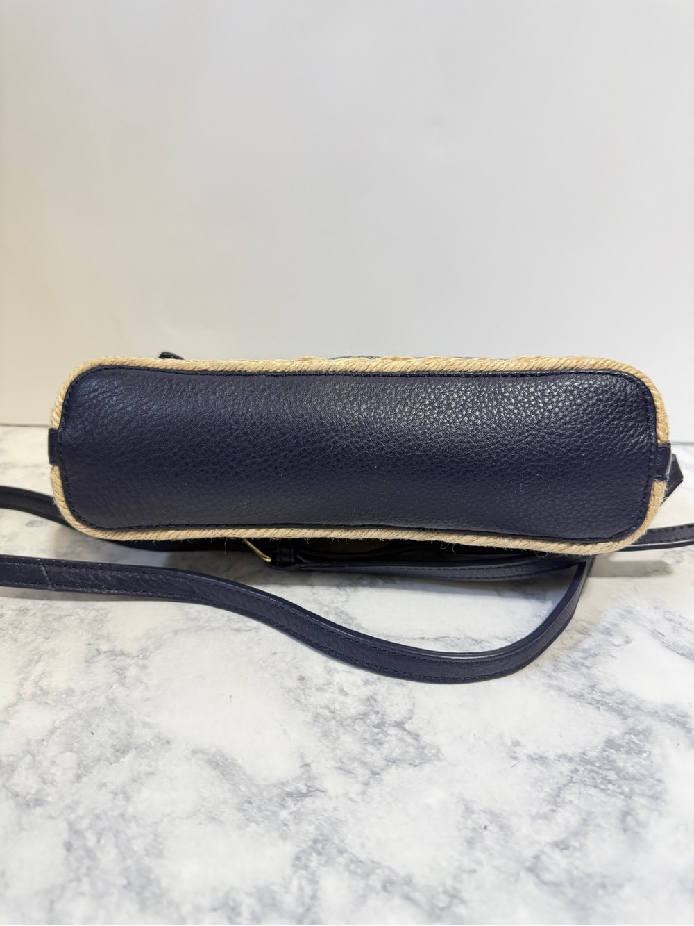 Talbots Navy Leather Crossbody Purse Pebbled Leather Woven Trim Shoulder Bag - Picture 3 of 6
